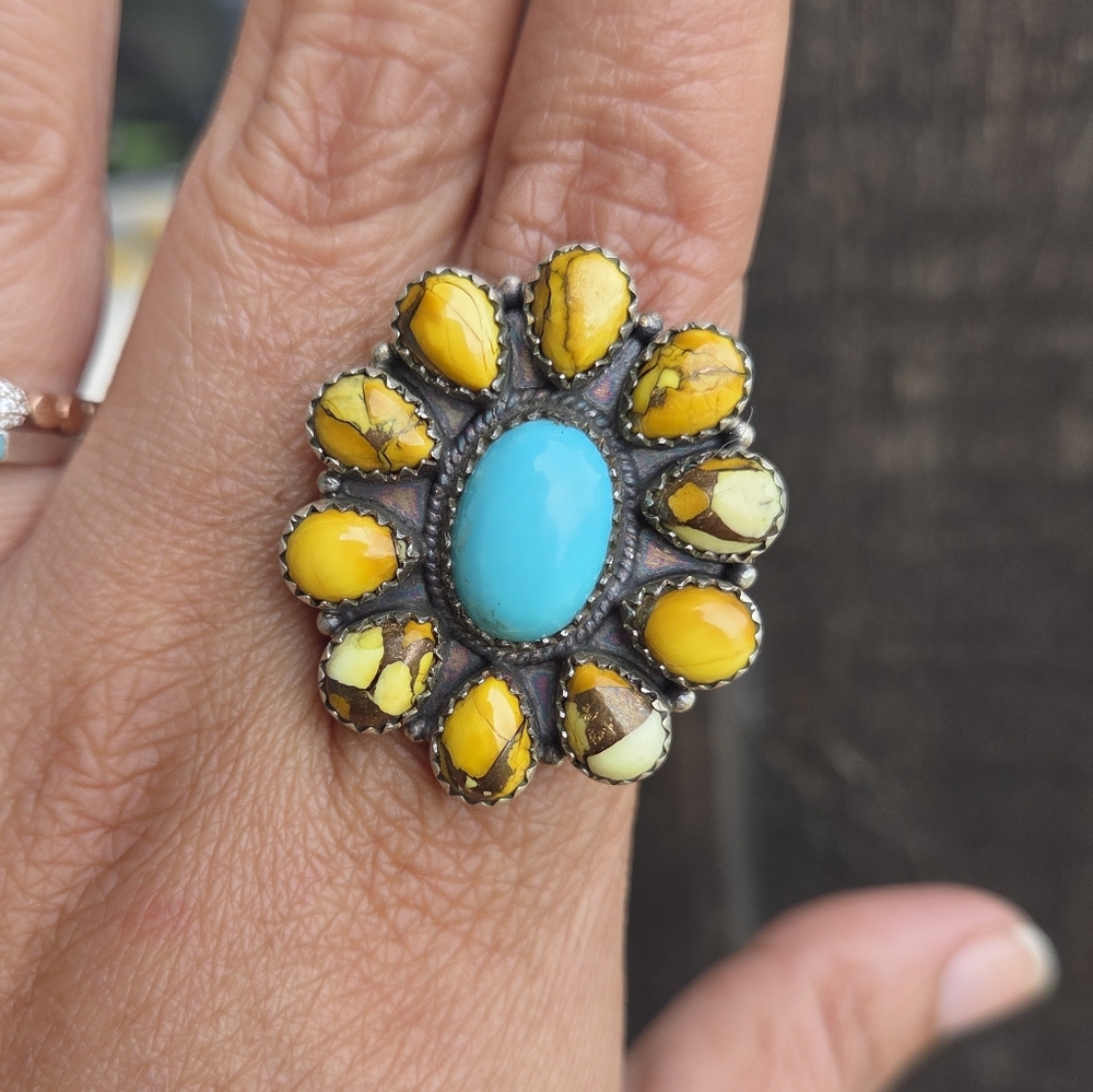 Honey Dahlia And Turquoise Adjustable Ring